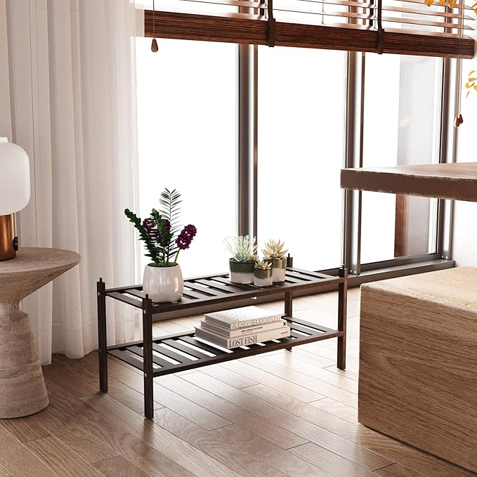 Bamboo 2-Tier Shoe Rack Stackable Shelf Storage Organizer for Entryway, Hallway and Closet, 27.2"x11"x13.2" (Mocha)