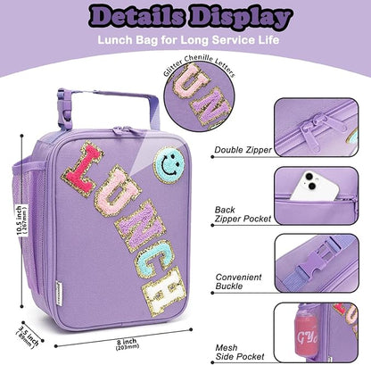 FlowFly Lunch box Insulated Soft Bag Mini Cooler Back to School Thermal Meal Tote Kit With Buckle and Mesh Side Pocket for Girls, Boys, PurpleWithLetter