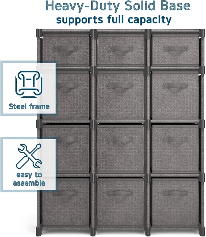 12 Cube Storage Organizer - Gray Cube Shelf Organizer, DIY Storage Cubes Organizer Shelves with Fabric Storage Cubes, Sturdy Cubbies Storage Shelves, Cube Storage Shelf for Bedroom, Playroom and More