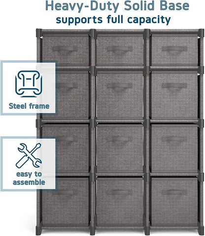 12 Cube Storage Organizer - Gray Cube Shelf Organizer, DIY Storage Cubes Organizer Shelves with Fabric Storage Cubes, Sturdy Cubbies Storage Shelves, Cube Storage Shelf for Bedroom, Playroom and More