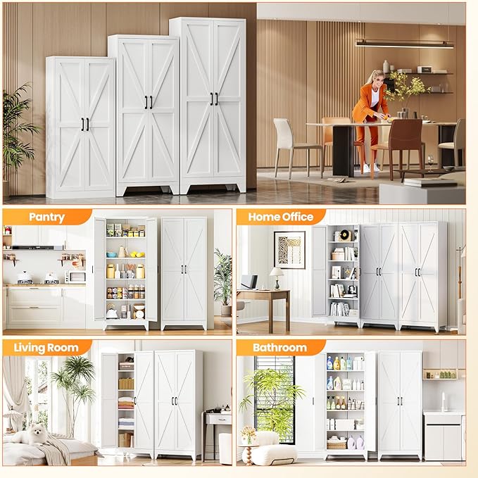 Metal White Storage Cabinet with 2 Doors and 4 Adjustable Shelves, 75" Tall Kitchen Pantry cabinets, Farmhouse Food Pantry Cabinet,5 Tier Freestanding Barn Door Cupboard for Kitchen Dining/Living Room