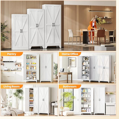 Metal White Storage Cabinet with 2 Doors and 4 Adjustable Shelves, 75" Tall Kitchen Pantry cabinets, Farmhouse Food Pantry Cabinet,5 Tier Freestanding Barn Door Cupboard for Kitchen Dining/Living Room