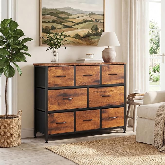 DUMOS TV Stand, Dresser with 8 Fabric Drawers, Spacious Storage Tower for Closet, TV Stand with Wood Top and Mental Frame, Storage Unit for Living Rooms, Bedroom and Entryway, Brown