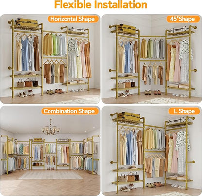 W3 Wall Mounted Closet System, Expandable Industrial Pipe Clothes Rack Clothing Rack for Hanging Clothes, Heavy Duty Garment Rack Closet Organizers and Storage Reach in Closet, Gold