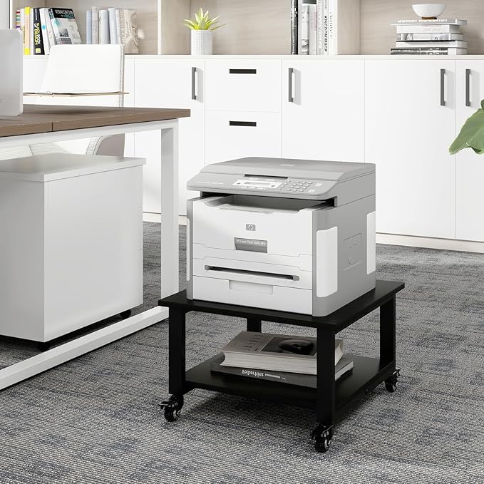 Natwind 2 Tiers Office Movable Laser Printer Copier Stand Cart Under Desk Heavy Duty Dark Brown Rolling Table with Storage Floor-Standing Holder on Wheels Fax Paper Organizer Shelf for Home (Black)