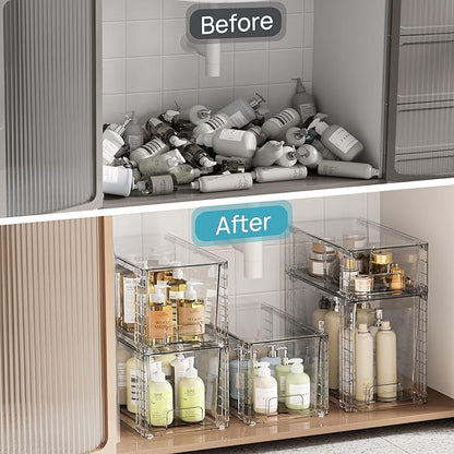 Vtopmart 3 Pack Clear Stackable Storage Drawers,Easy to Assemble Bathroom Organizers and Storage with handles,Plastic Drawers for Kitchen Pantry,Cabinet,Under Sink Organization