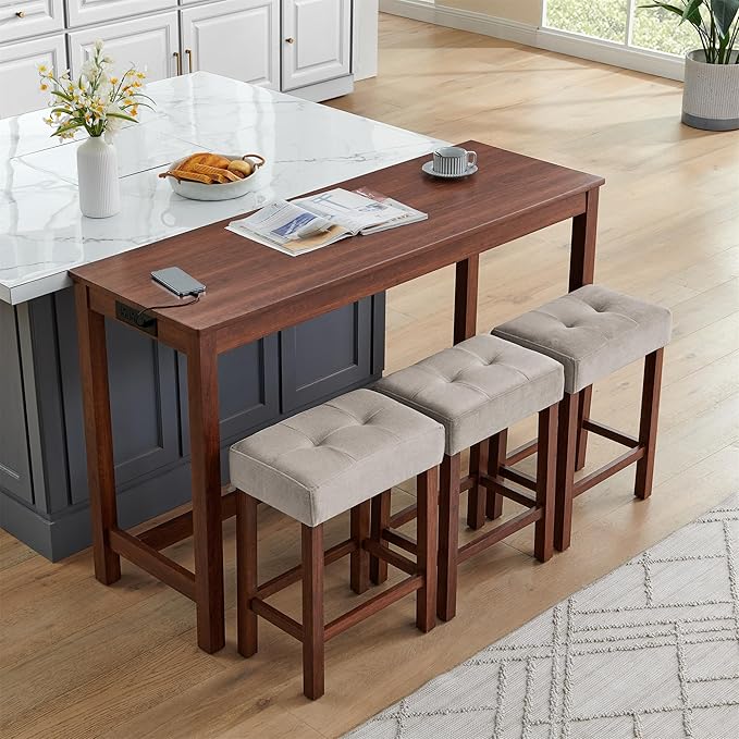 59" Power Outlet Mid Century Console Table, Slim Console Table with Solid Wood Frame, Long Narrow Console Tables for Living Room & Kitchen, Cherry