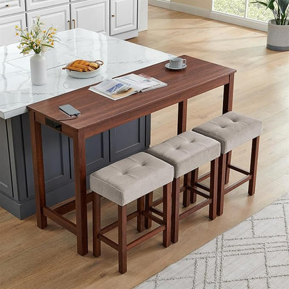 59" Power Outlet Mid Century Console Table, Slim Console Table with Solid Wood Frame, Long Narrow Console Tables for Living Room & Kitchen, Cherry