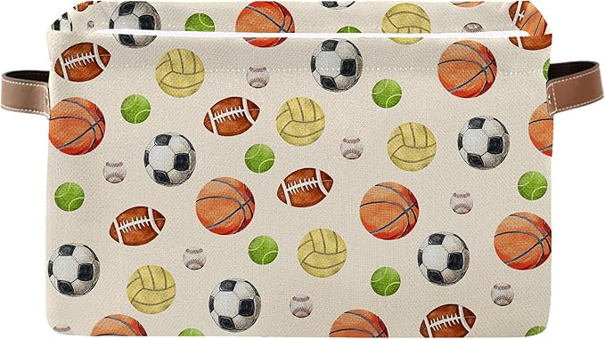 Sport Themed Storage Basket - Balls Pattern Collapsible Bin with Handles - Collapsible Storage Baskets with Handles - Ball Themed Storages Bin for Kids Clothes, Gifts
