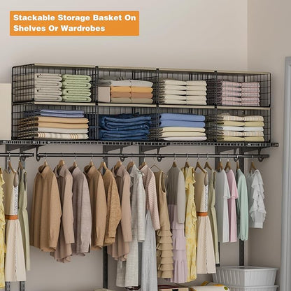 Extra-Long, Low-Profile Closet Organizers and Storage with Wood Top, 3 Pack Stackable Closet Shelf Organizer, Space-Saving Clothes Storage Bin for Wardrobe & Bedroom & Small Spaces, Sturdy Metal Black