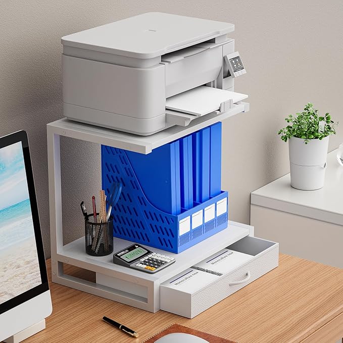 YAOHUOO 2-Tier Desktop Printer Stand with Fabric Drawer, Prtiner Table with Storage Shelf, Desk Organizer for Home Office,3D Printer,Fax Machine,Scanner, 17.3"x11.8" White