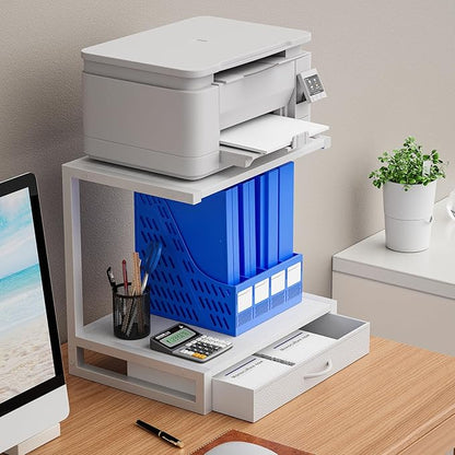 YAOHUOO 2-Tier Desktop Printer Stand with Fabric Drawer, Prtiner Table with Storage Shelf, Desk Organizer for Home Office,3D Printer,Fax Machine,Scanner, 17.3"x11.8" White