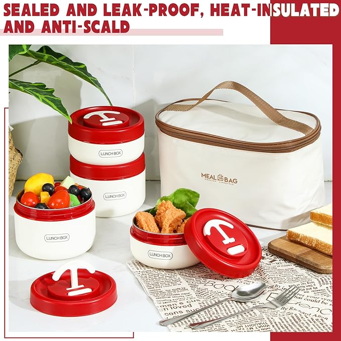 Dandat 4 Pcs Insulated Bento Box Portable Stainless Steel Food Container Round Stackable Leakproof Thermal Food Container for Adult Men Women with Insulated Bag, 74 oz(Red)