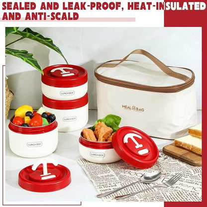 Dandat 4 Pcs Insulated Bento Box Portable Stainless Steel Food Container Round Stackable Leakproof Thermal Food Container for Adult Men Women with Insulated Bag, 74 oz(Red)