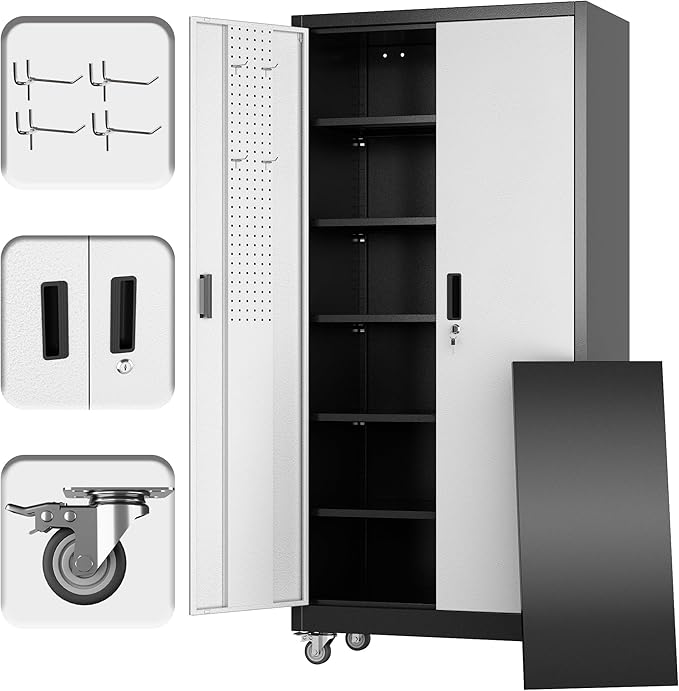 71" H x 34" W x 18" D Garage Storage Cabinet with Wheels and Pegboard, Lockable Metal Storage Cabinet with 5 Adjustable Shelves and 4 Hooks for Garage,Warehouse, Home, Black and Silvery