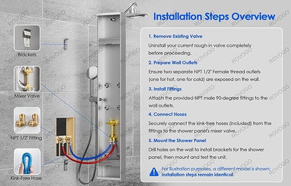 ROVOGO Led Shower Panel Tower System with Shelf, Rainfall & Mist Shower Head, Body Jets, Handheld and Tub Spout, Stainless Shower Column with Led Lights, Black