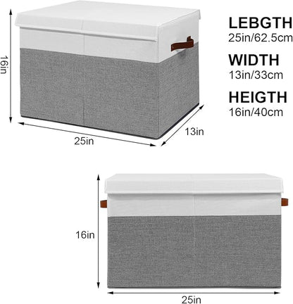 Large Toy Storage Box with Lid, Sturdy Toys Storage Chest Bin Organizer Basket with Dividers for Kids, Boys, Girls, Nursery, Closet, Bedroom, Playroom 25"x13" x16" (Grey and White)