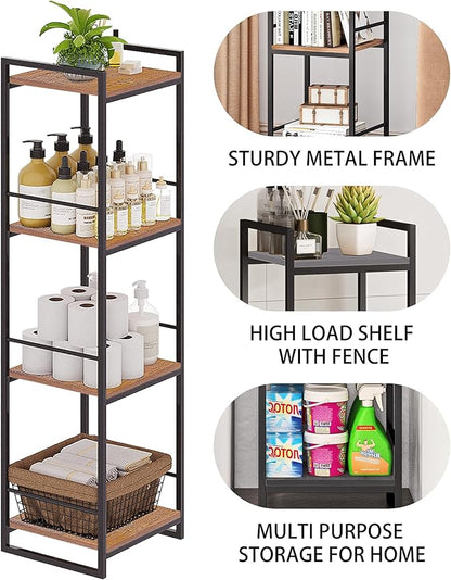 BYFU 4 Tier Bathroom Storage Open Shelf, Freestanding Metal Corner Storage Rack Shelving Unit for Bathroom Kitchen Living Room Hallway, Rustic Brown