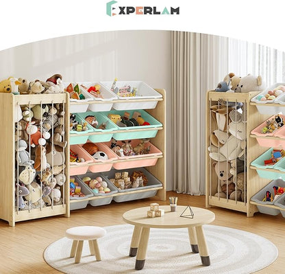 Kids Toy Storage Organizer, 2-in-1 Stuffed Animal Storage & Toy Organizer w/12 Bins, Solid Wood Toy Rack Featuring Thicker Elastic Ropes to Hold Toys, Playroom Nursery Bedroom Storage, Multi