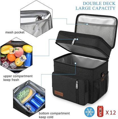 MIYCOO Lunch Bag & Lunch Box for Men Women, Double Deck Leakproof Insulated Soft Large Adult Camping Cooler bag for Work, Beach, Picnic, Travel (Black, 15L)