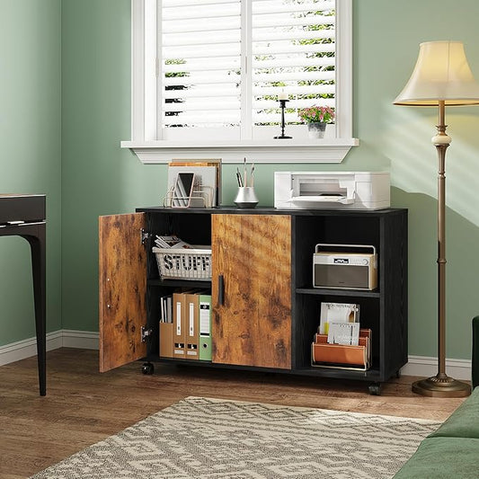 DEVAISE Office Storage Cabinet with Doors and Shelves, Lateral Printer Stand for Office Supplies and File Storage, Filing Cabinet for Home Office, Rustic Brown