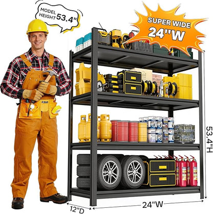 4 Tier Garage Shelving, 2000LBS Capacity Heavy Duty Metal Storage Shelves, Adjustable Shelving Unit for Garage Storage, Basement, Pantry, 24" W X 12" D X 53.4" H