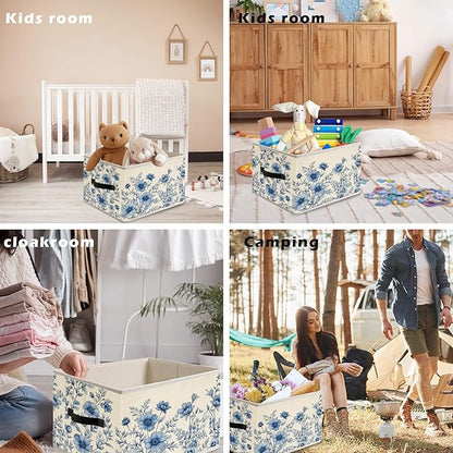 Blue and White Vintage Floral Storage Bin Box with Handles, Grandmillennial Flower Botanical Foldable Organizer Basket Toybox for Girls Dorm Bedroom Bathroom Clothes Toys Books