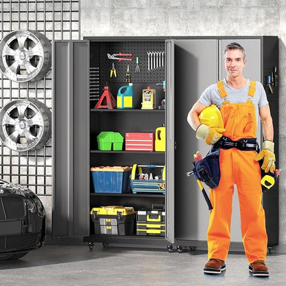 Garage Storage Cabinet with Wheels, Metal Storage Cabinet with 2 Doors and Adjustable 4 Shelves for Garage, Basement, Warehouse, Office, Gray, Assembly Required