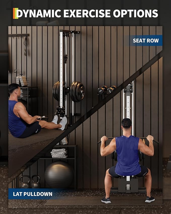 Garvee Wall Mount Cable Station, LAT Pulldown Machines with 19 Positions Dual Pulley System, Cable Crossover Machine with Adjustable Footplate, T-Bar and More Attachments, Workout Equipment Home Gym