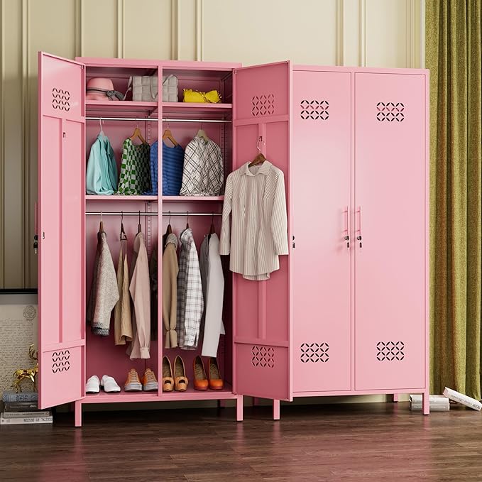 Aobab Metal Wardrobe Closet with 2 Doors, 19" Deep Metal Wardrobe Cabinet with 4 Adjustable Shelves and 2 Hannging Rods, Storage Locker for Home, Pink, Assembly Required