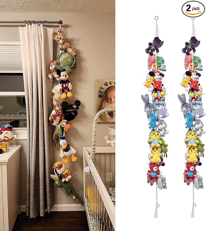 2PCS Stuffed Animals Storage Chain Organizers 80" Cotton Hanging Storage Chain with 40 Metal Clips Stuffed Animal Display Holder Chain for Wall or Corner Nursery Play Room