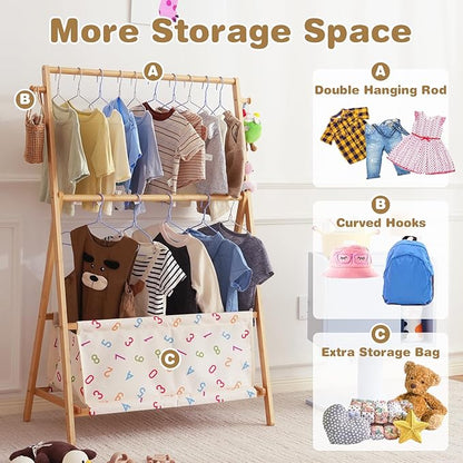 Kids Clothing Rrack- Kids Dress Up Rack for Little Girls, Bamboo Kids Clothes Rack, Toddler Dress Up Storage Rack & Folding Costume Rack, Double Rods, Pets Clothes Rack with Storage, Number
