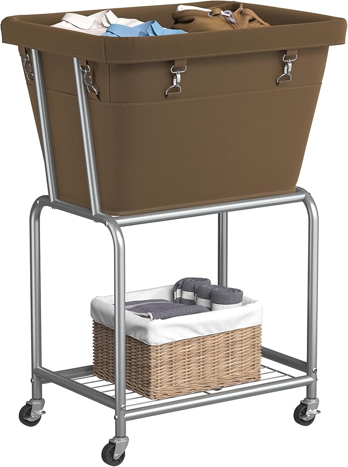 ELYKEN Rolling Laundry Hamper with Wheels, Laundry Cart with Removable Bag, Heavy Duty Metal Frame, 2-Tier Clothes Basket Hamper with Shelf for Closet, Bedroom, Bathroom, Laundry Room, Camel Brown