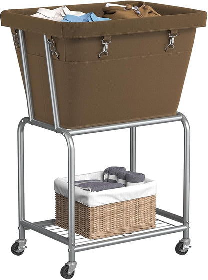 ELYKEN Rolling Laundry Hamper with Wheels, Laundry Cart with Removable Bag, Heavy Duty Metal Frame, 2-Tier Clothes Basket Hamper with Shelf for Closet, Bedroom, Bathroom, Laundry Room, Camel Brown