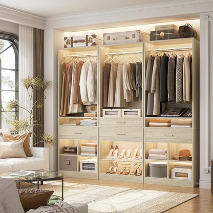 Unikito 50" W x 80'' H Closet Organizer Storage System with 2 Hanging Rod and 2 Wooden Drawers, Adjustable Shoes Rack, 4 Cubby Storage, Walk-in Closet Tower for Bedroom, Mudroom, Entryway, White Oak