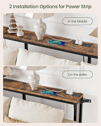 70.9" Console Table with Charging Station, Narrow Long Behind Couch Table, with 2 AC Outlets, 1 USB-A Port and 1 Type-C Port Rustic Brown and Black TXG28UBF