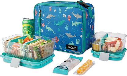 PackIt Freezable Classic Lunch Box, Sea Shark, Built with EcoFreeze® Technology, Collapsible, Reusable, Zip Closure With Zip Front Pocket and Buckle Handle, Designed for Fresh Lunch On the Go
