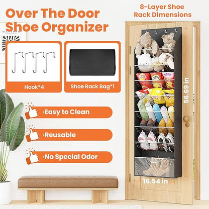 8-Tier Over The Door Organizer, Space Saving Hanging Shoes Organizer and Storage Unit,Organizer for Closet, Bedroom, Entryway, Grey