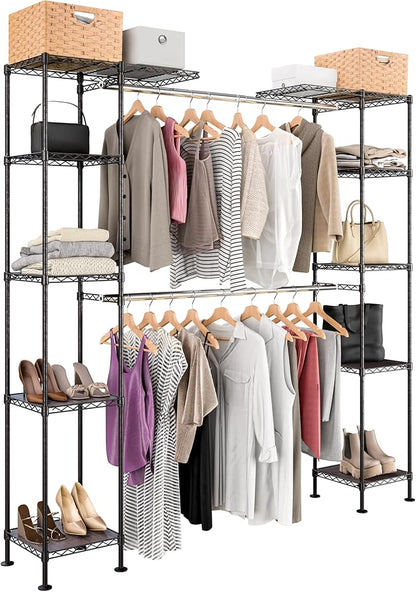 Seville Classics Closet Garment Organizer with Metal Hanging Rod Wardrobe Storage System, w/ Steel Shelves for Clothes, Shirts, Jackets, Coats, Blankets, Shoes, Satin Bronze, Expandable Rack