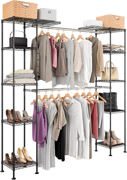 Seville Classics Closet Garment Organizer with Metal Hanging Rod Wardrobe Storage System, w/ Steel Shelves for Clothes, Shirts, Jackets, Coats, Blankets, Shoes, Satin Bronze, Expandable Rack