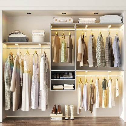 96 Inch Hanging Closet System, 8 FT Closet Organizer System with Hanging Rod, Walk In Mounted Closet System, Built-In Clothes Garment Rack with 3 Shelving Towers(Can Be Cut To Fit), Gray