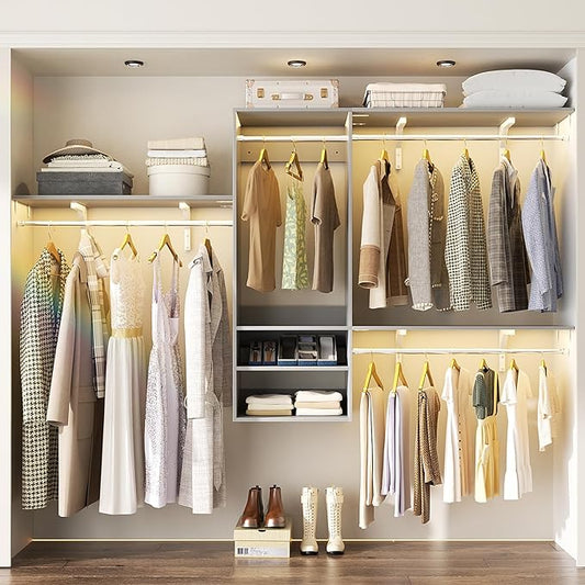 96 Inch Hanging Closet System, 8 FT Closet Organizer System with Hanging Rod, Walk In Mounted Closet System, Built-In Clothes Garment Rack with 3 Shelving Towers(Can Be Cut To Fit), Gray