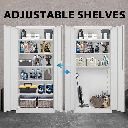 CJF Metal Storage Cabinets with 5 Adjustable Shelves, 71" H Locking Storage Cabinet for Garage, Office, School - White
