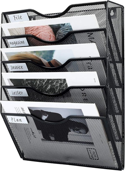 PAG Hanging Wall File Holder Mail Organizer Wall Mount Document Letter Rack, 5-Tier, Black
