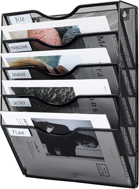 PAG Hanging Wall File Holder Mail Organizer Wall Mount Document Letter Rack, 5-Tier, Black