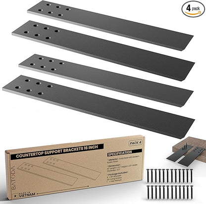 BATODA 16" Countertop Mounted Support Brackets (4 pcs) for Granite - Heavy Duty L Shelf Bracket - DIY Open Shelving Knee Wall Support - Mounting Hardware Included (Pack 4)