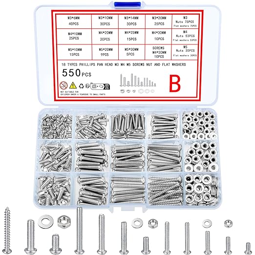 550 Pcs Screws Bolts and Nuts Assortment Kit, Metric Machine Screws and Nuts and Flat Washers, M3/M4/M5 Slotted Pan Head Hex Bolts Sets (B)