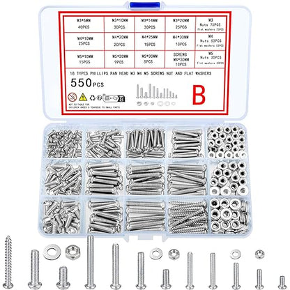 550 Pcs Screws Bolts and Nuts Assortment Kit, Metric Machine Screws and Nuts and Flat Washers, M3/M4/M5 Slotted Pan Head Hex Bolts Sets (B)