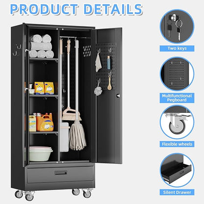 Broom Closet Storage Cabinet with Wheels and Drawer,Garage Storage Cabinet with Magnetic Doors,Pegboard and Adjustable Shelves for Garage Home,Required Assembly,Black