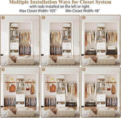 COTUBLR Closet System, 48" W - 105” W Closet Organizer with 24” Tower and 2 Extendable Hanging Rods, Walk-in Wardrobe Garment Rack with 2 Wooden Drawers and 6 Shelves, Fit up to 600 LBS (White Oak)